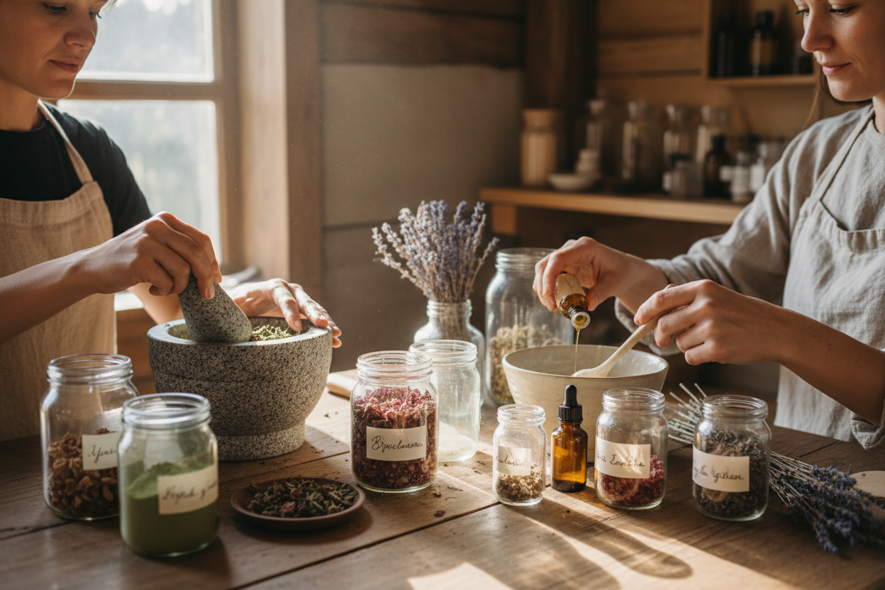 générer image ultra réaliste de deux personnes qui créer une formule de façon artisanale