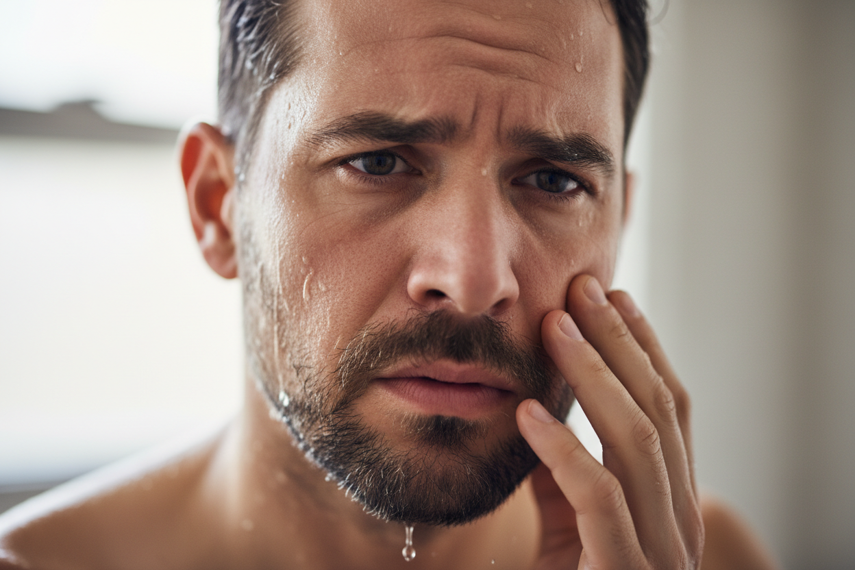 Générer image ultra réaliste d'un homme qui a la peau qui tiraille après la douche